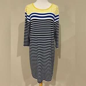 Fleur Bleue Knit Shift Dress White w/Yellow Blue & Navy Stripes